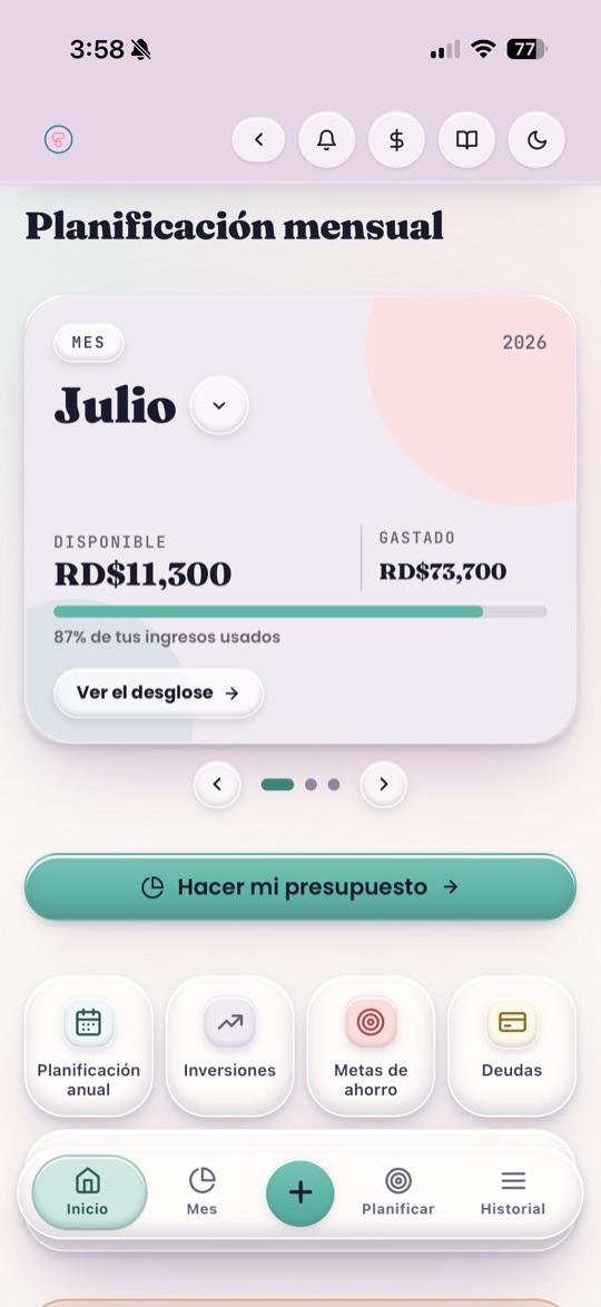 Pantalla de planificación mensual de PlaniClub, con el presupuesto del mes