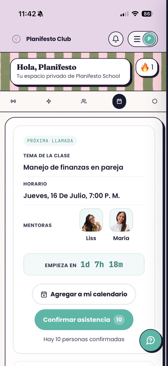 Pantalla de la próxima clase en vivo de PlaniClub, con cuenta atrás y confirmación de asistencia