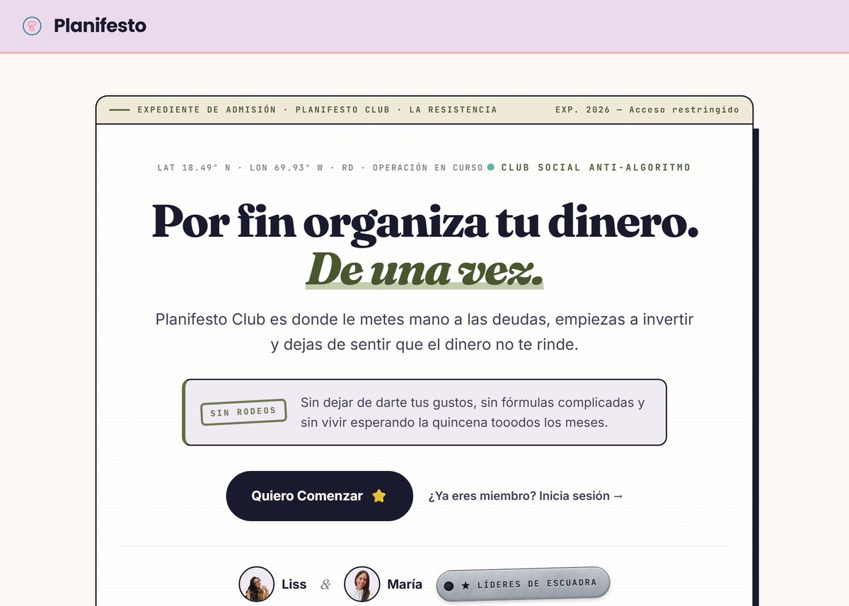 Captura de la página de Planifesto Club