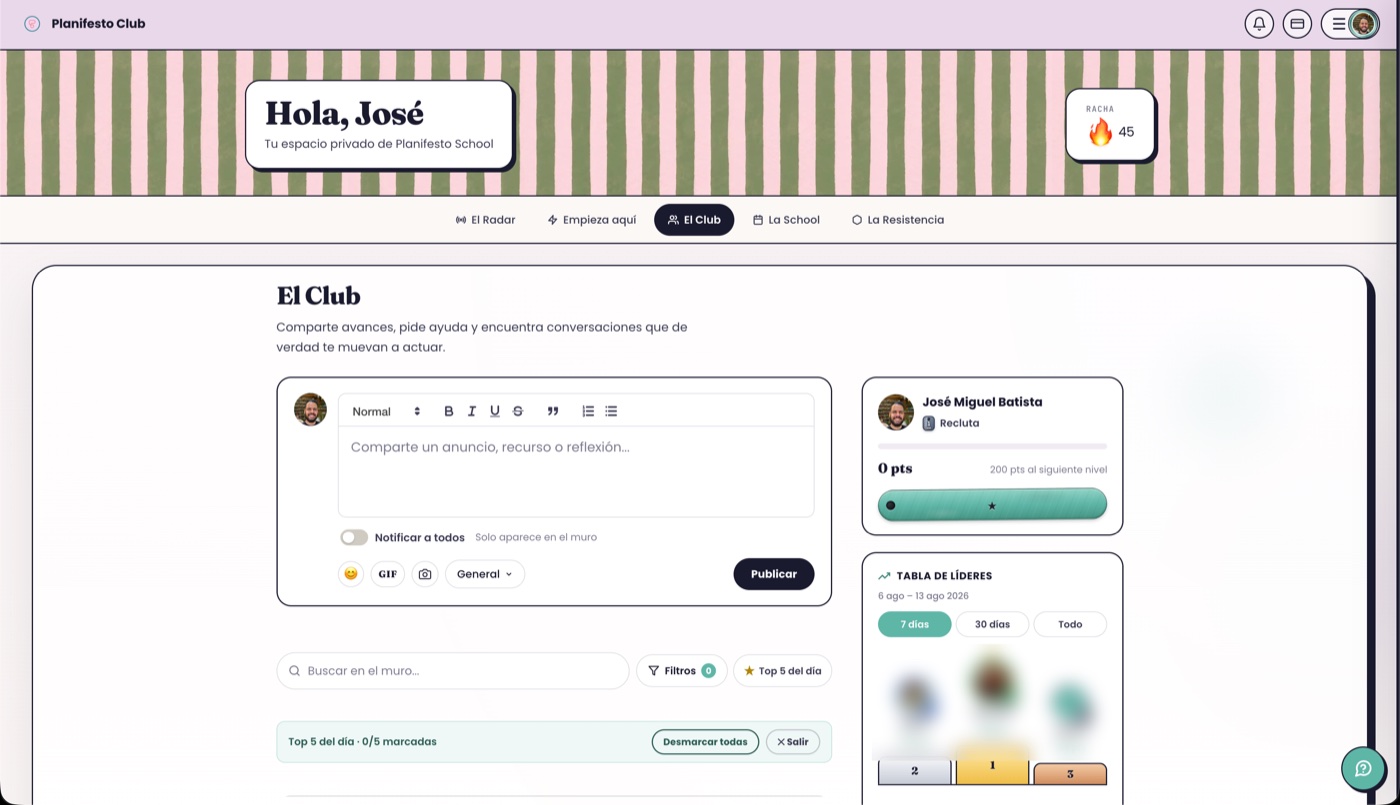Muro de la comunidad del Club: editor de publicaciones, perfil con puntos y tabla de líderes