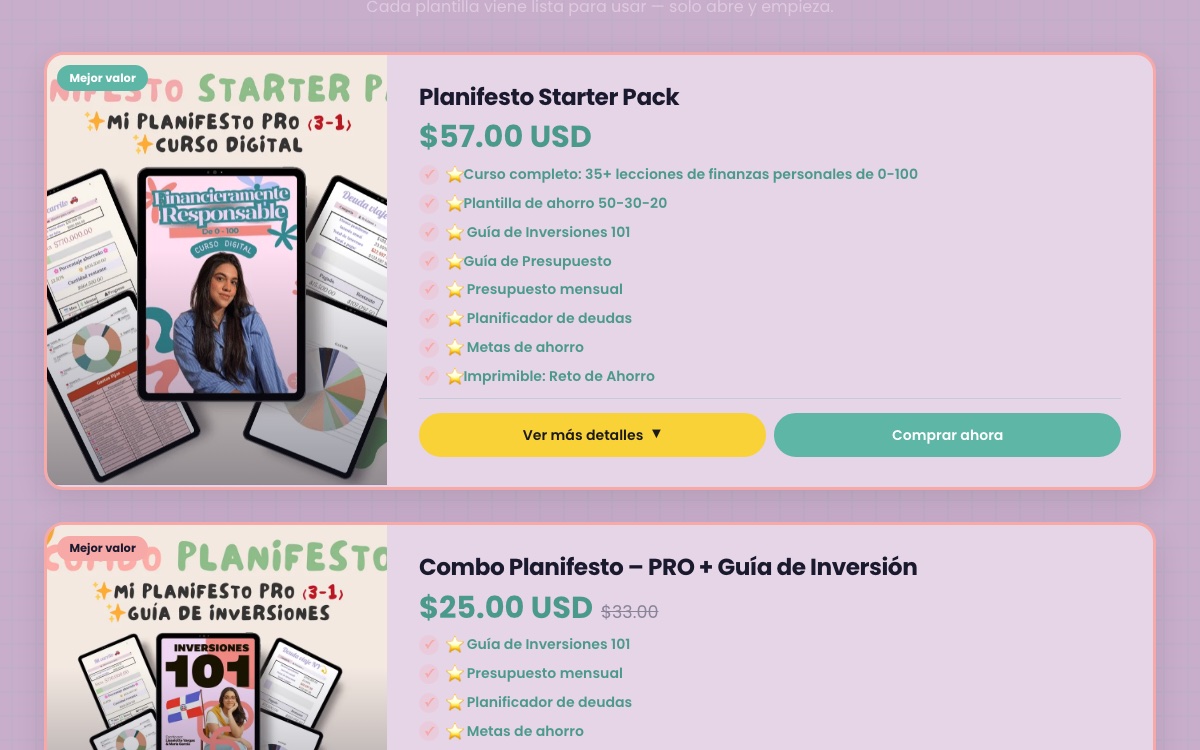 La tienda de Planifesto, en pantalla de escritorio y en móvil