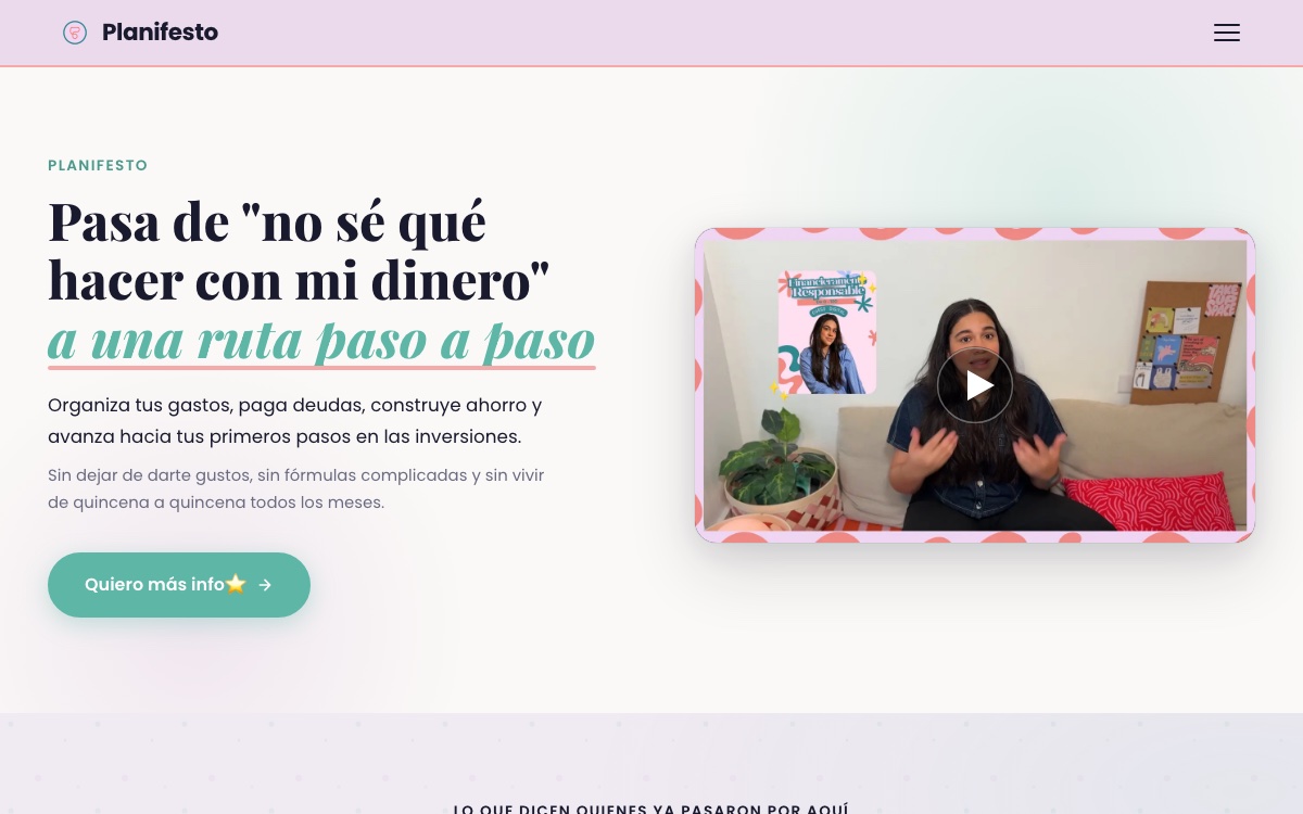 Captura de la página principal de Planifesto
